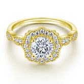 Round Zircon Flower Soleste Halo Retro Pattern Silver Ring Set